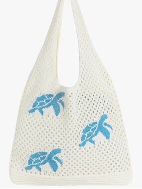 Cream  Crochet Mesh Tote Bag with Blue Turtle Motif